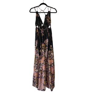 Anthropologie Cutout Maxi Dress Black Motif Floral Metallic XXS NWOT